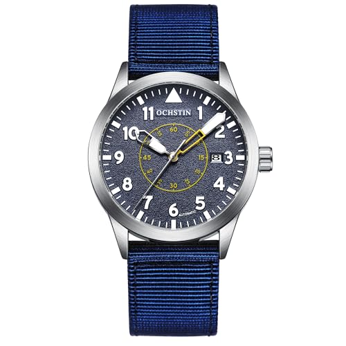 BOLYTEメンズ機械式ミリタリーウォッチ、自動巻き式、自動日付付きアナログ表示、プレミアムナイロンバンドのオープンハートデザイン。, N ブルー。, ミリタリー